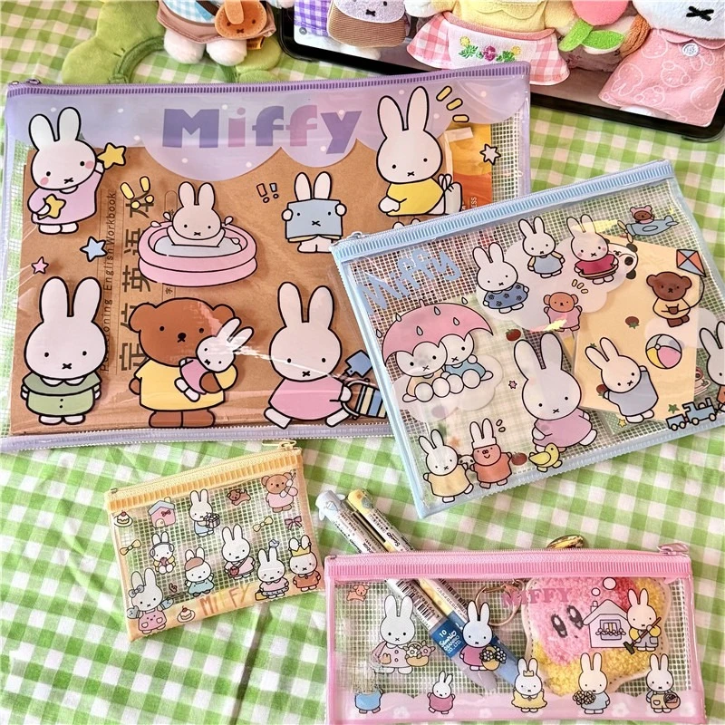 Kawaii Miffy Cute Grid Bag Anime File Bag Student Office Portable ID Card Collection Change Storage Bag Gift Toy for Girl