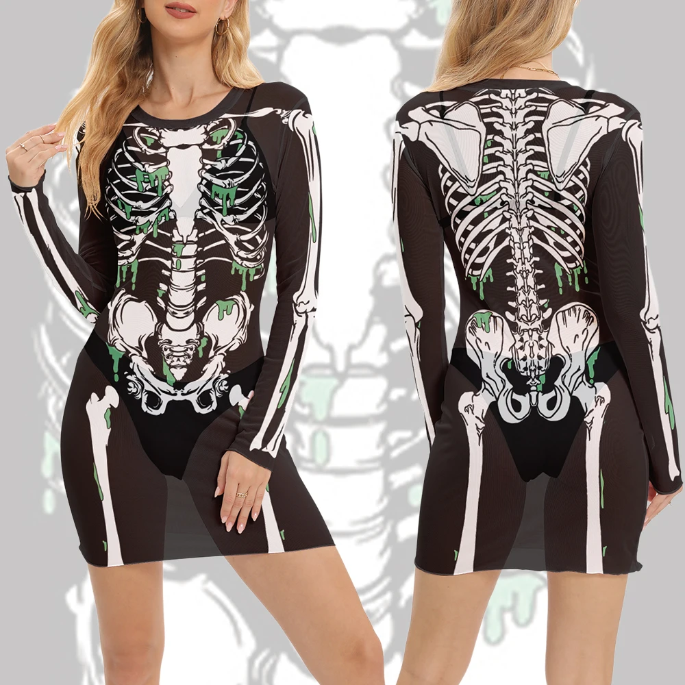 Festival Skeleton Mini Dress Women Sexy Black Mesh Dress Halloween Cosplay Gown Ghost Outfit Carnival Party Gothic Dress Up