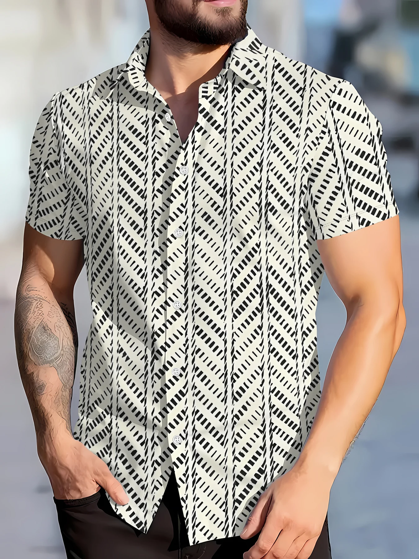 2026 Summer Men's Shirt with Stripes Print Breathable and Sweat-Wicking Casual and Fashionable Men's Clothing