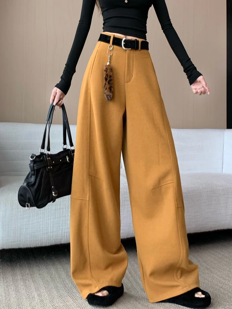 Traje Retro, pantalones de pierna ancha para mujer, diseño de otoño e invierno, pantalones con cuchillo curvo de pierna recta sueltos informales de cintura alta