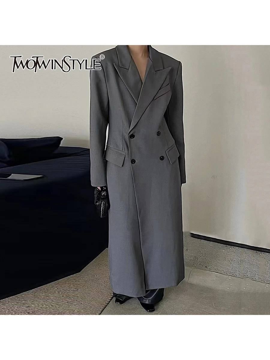 TWOTWINSTYLE Solid Loose Minimalist Blazers for Women Lapel Long Sleeves Spliced Doubles Breasted Extended Version Blazer Female