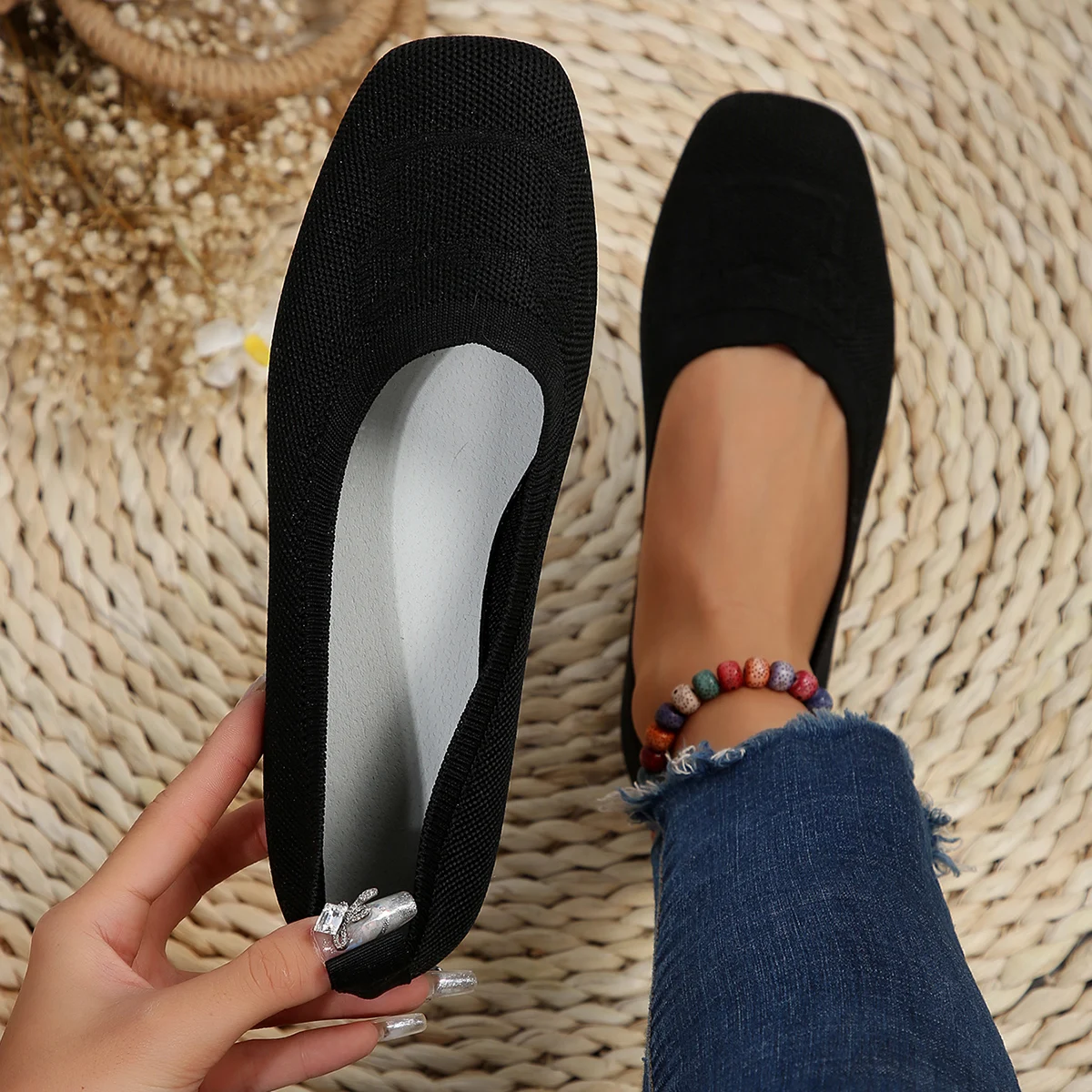 Women Flats 2024 New summer Solid Color Knitted Slip on Shoes Casual Ballet Soft Women Mesh Shoes Loafers Women Zapatos De Mujer