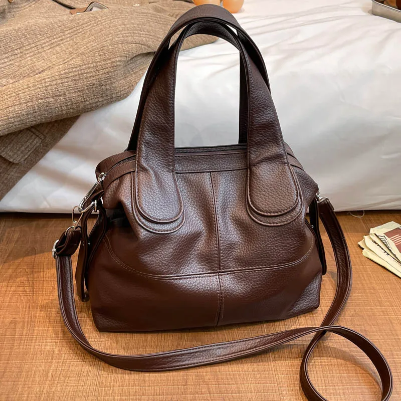 

Vintage Soft Leather Top-Handle Handbag Ladies Solid Color Shoulder Crossbody Bag Female Tote Commuting Sac A Main 2026
