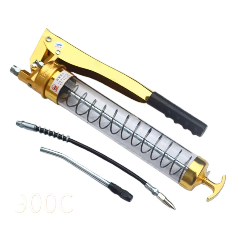 Manual Grease Gun 900CC Double Pressure Rod Gold Paint Transparent Barrel Body Double Piston Is More Labor-saving