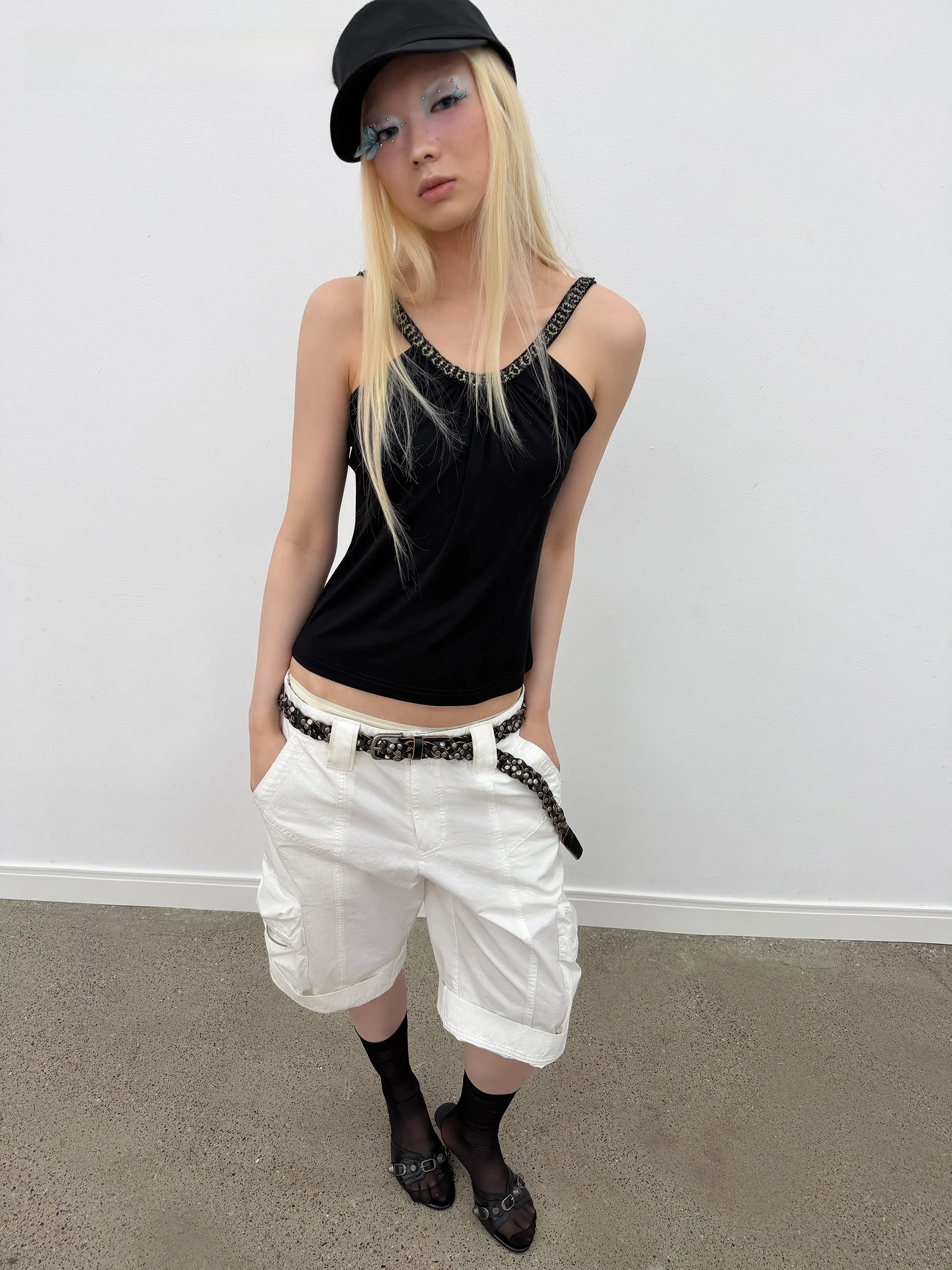 VERMO Vintage Beaded Cool Comfortable Triacetate Knitted Strap Vest Top Women's Outerwear Summer Season Regular Length