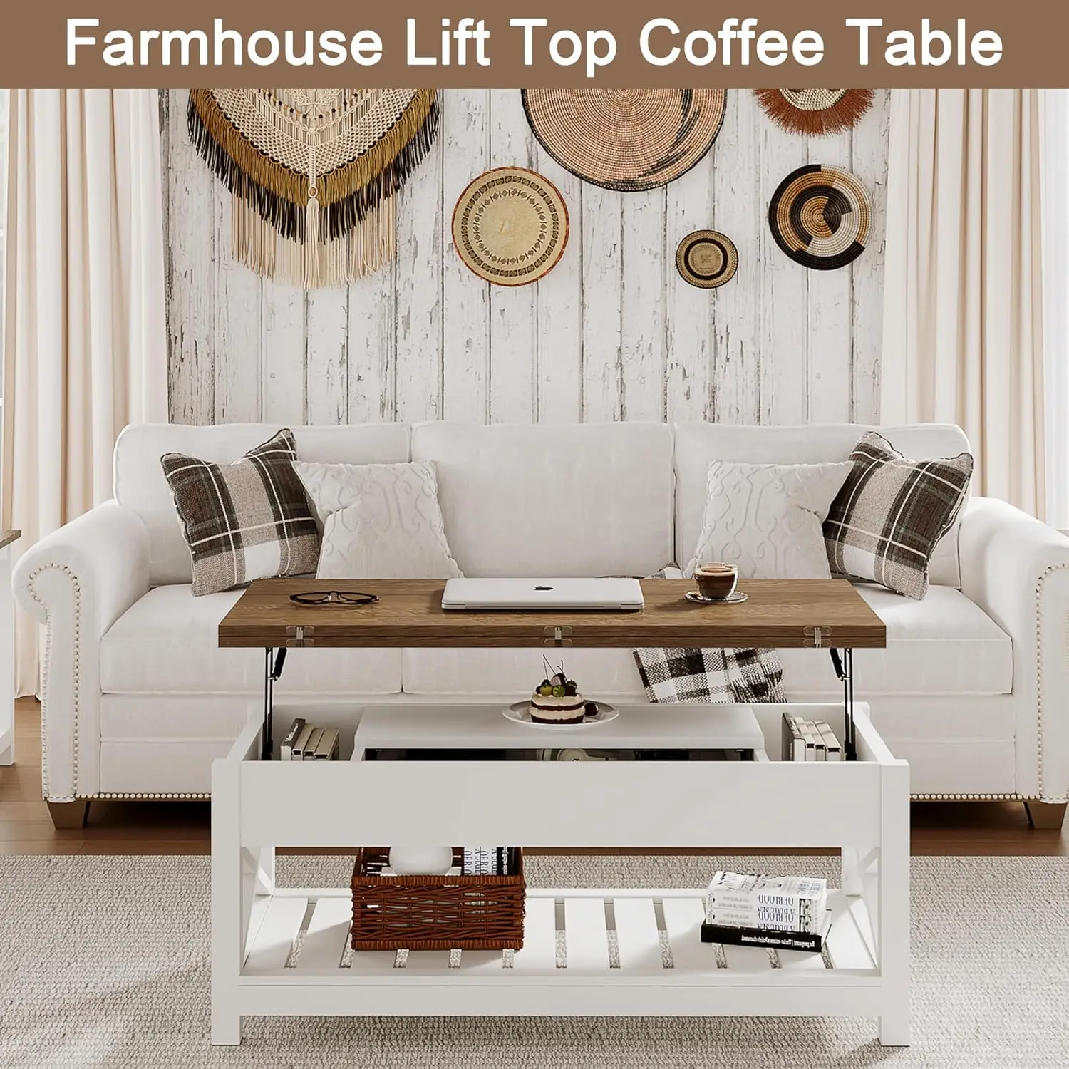 Farmhouse Lift Top Coffee Table, Multi-Function Convertible Coffee Table with Storage and Hidden Compartment,  White & Brown