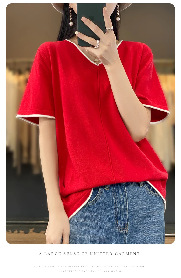 100% Cotton T-Shirt Women's V-Neck Pullover Short Sleeve Summer New Casual Knitting Loose Top Fashion Color Contrast T-Shirt