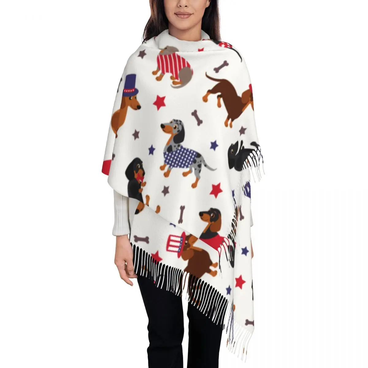 Patriotic Dachshund Shawl Wraps for Women Winter Long Soft Scarf Wiener Dog Cute Animal Pashmina Tassel Scarves