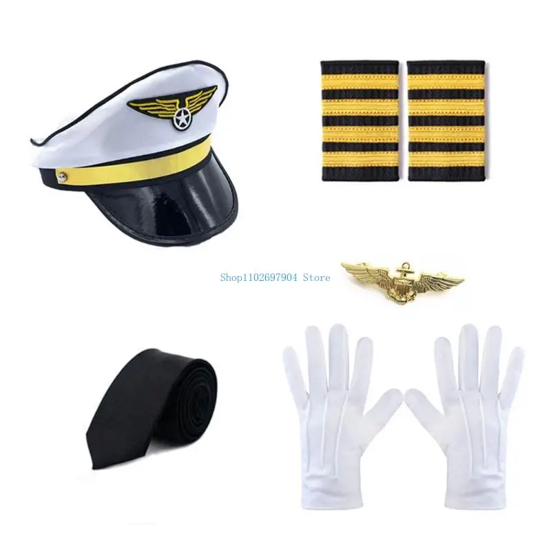 N7YF Flight Attendant Stewardess Role Play Outfit Captain Uniform Epaulettes Hat Tie