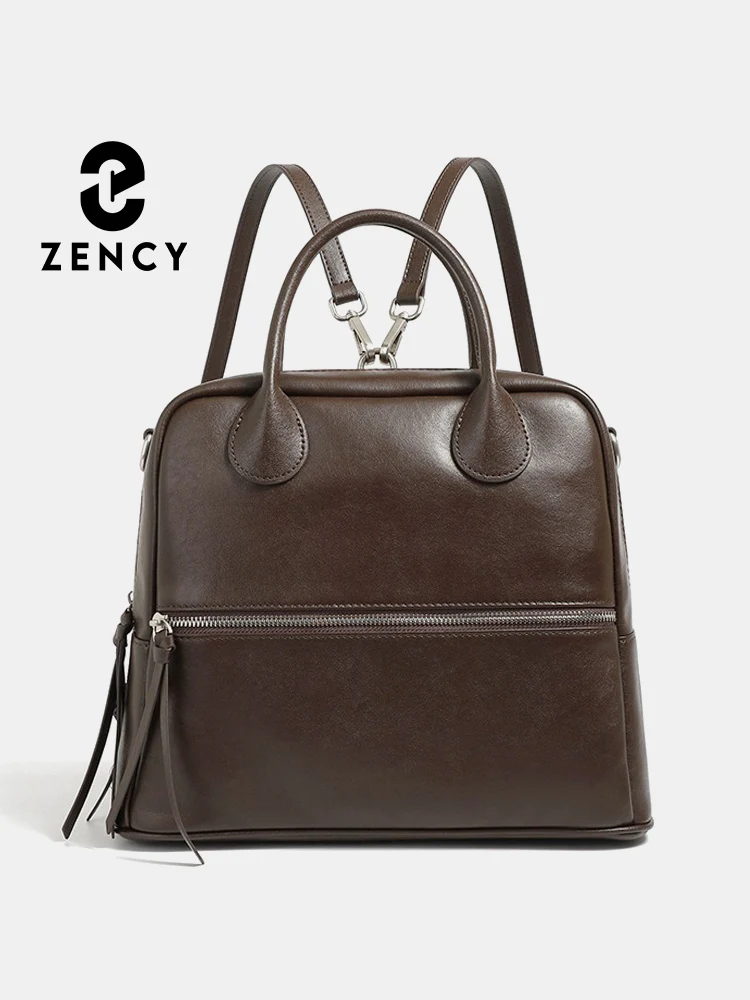 Zency Vintage Genuine Leather Ladies Backpack Shoulder Cross Body Top Handle 3 in 1 With Front Zip Big Pocket For Work Travel