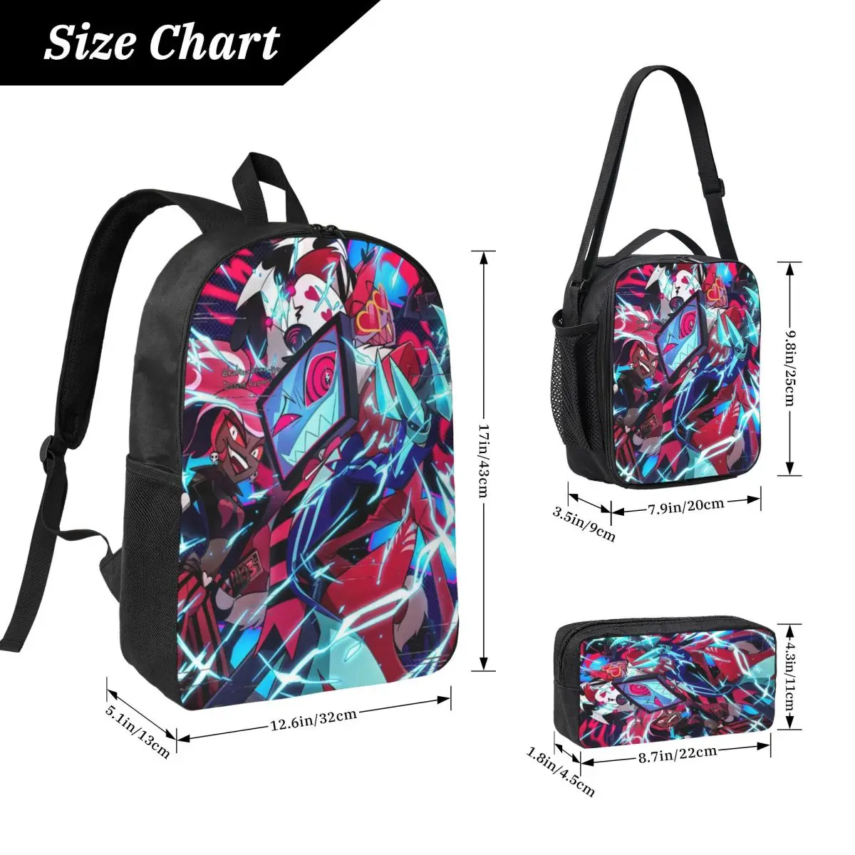 Hazbines Hoteles Alastor Vox 2 حقيبة ظهر للأطفال صندوق غداء صناديق أقلام رصاص للبنين والبنات حقائب ظهر مدرسية مجموعة حقائب الكتب