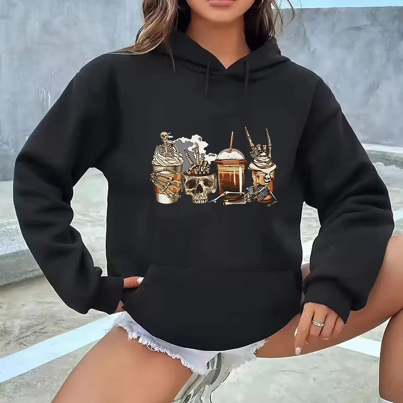 고딕 해골 라떼 커피 프린트 캥거루 포켓 후드티 여성용 가을 겨울 빈티지 스웨트셔츠 90년대 그래픽 후드 재미있는 옷