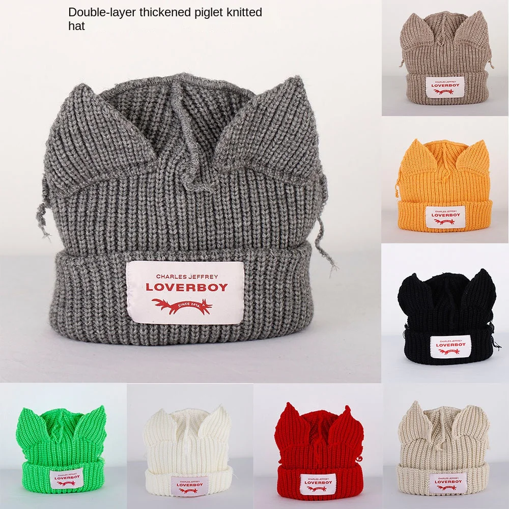 

Double-layer Loverboy Cat Ear Knit Hat Warm Niche Design Knitted Cap Soft Hip-hop Personality Ear Protection Hat