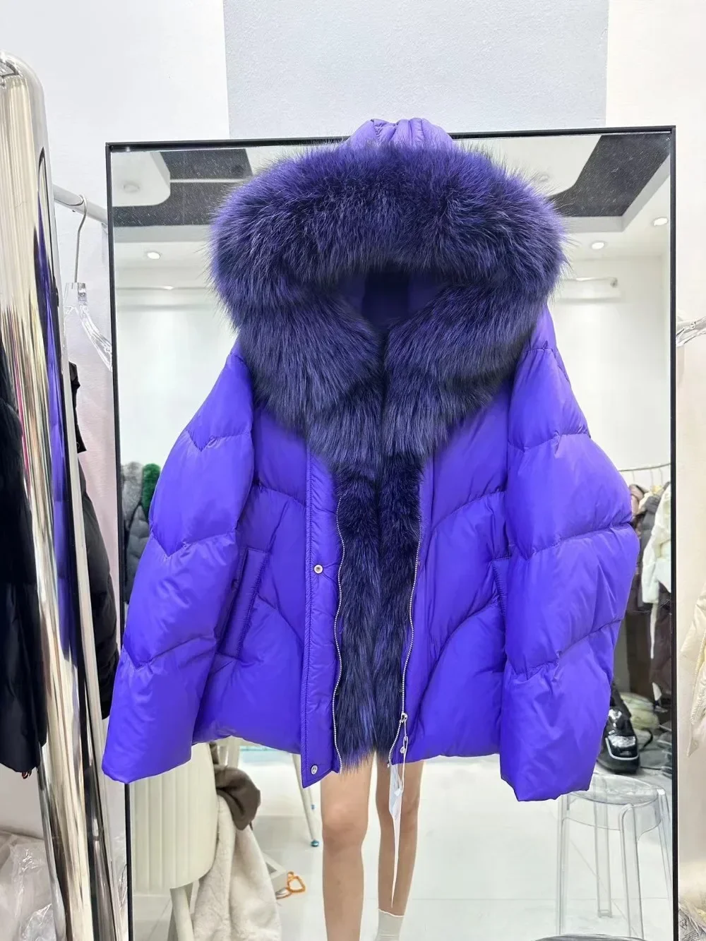 Real Fox Fur Coat White Duck Down Jacket Women Office Lady Real Fur Coat 2024 Winter Fashion Casual Hooded Warm Down Coat Female