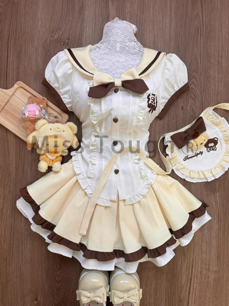 Sweet Japanese College Style Lolita 2 Piece Set Women Patchwork Apron Shirt+fluffy Mini Skirt New Slim Harajuku Cute Suit Autumn