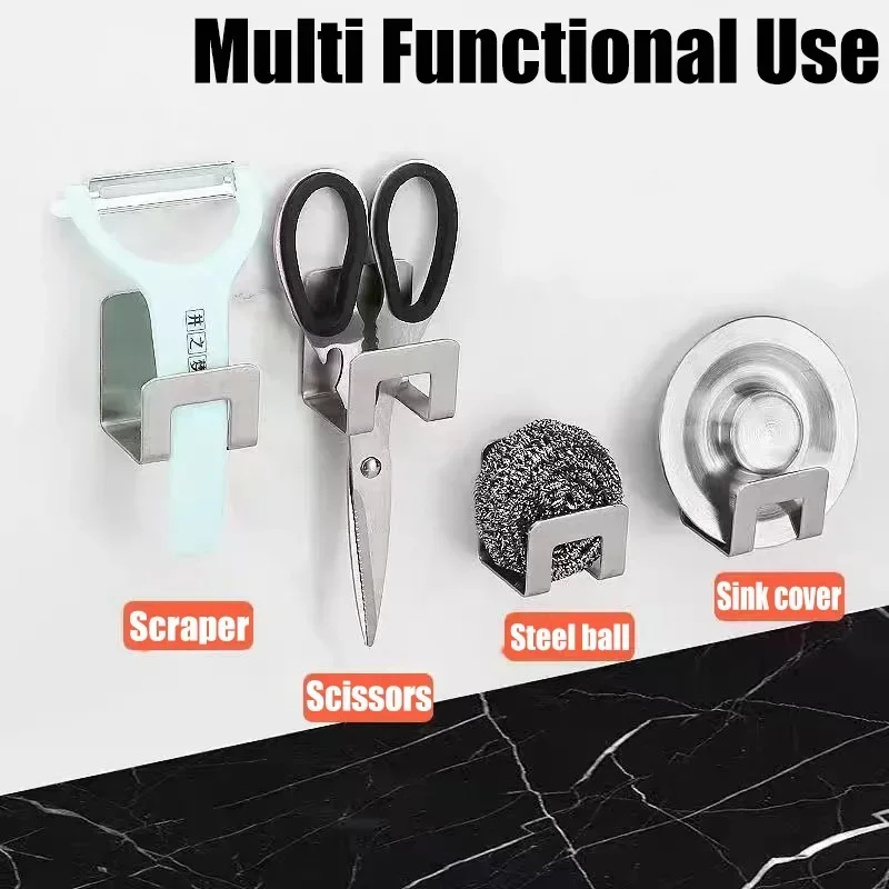 Metal Self Adhesive Hook Sink Sponge Storage Holder Kitchen Holder Stainless Steel Sink Lid Dish Rack Kitchen Wire Rag Organizer