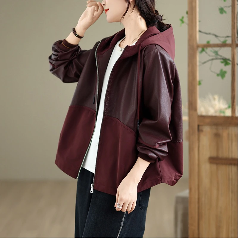Masss Wasss 2025 Moda donna Patchwork con cappuccio PU Giacche Donna Capispalla allentato Casual Cappotti in ecopelle Giacche a vento vintage