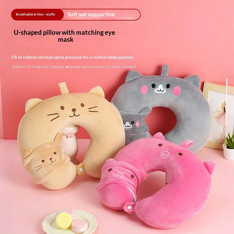 1 Set Cute Animal U-Shaped Travel Neck Pillow with Sleeping Eye Mask Set, Soft Memory Foam Headrest for Airplane Car Nap