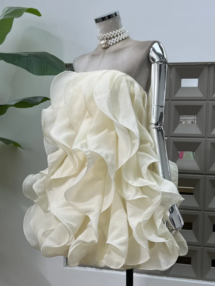 Dfdg elegante vestido tubo sem alças em camadas babados bainha pura silhueta esculpida 2025 primavera verão vestido de festa cocktail