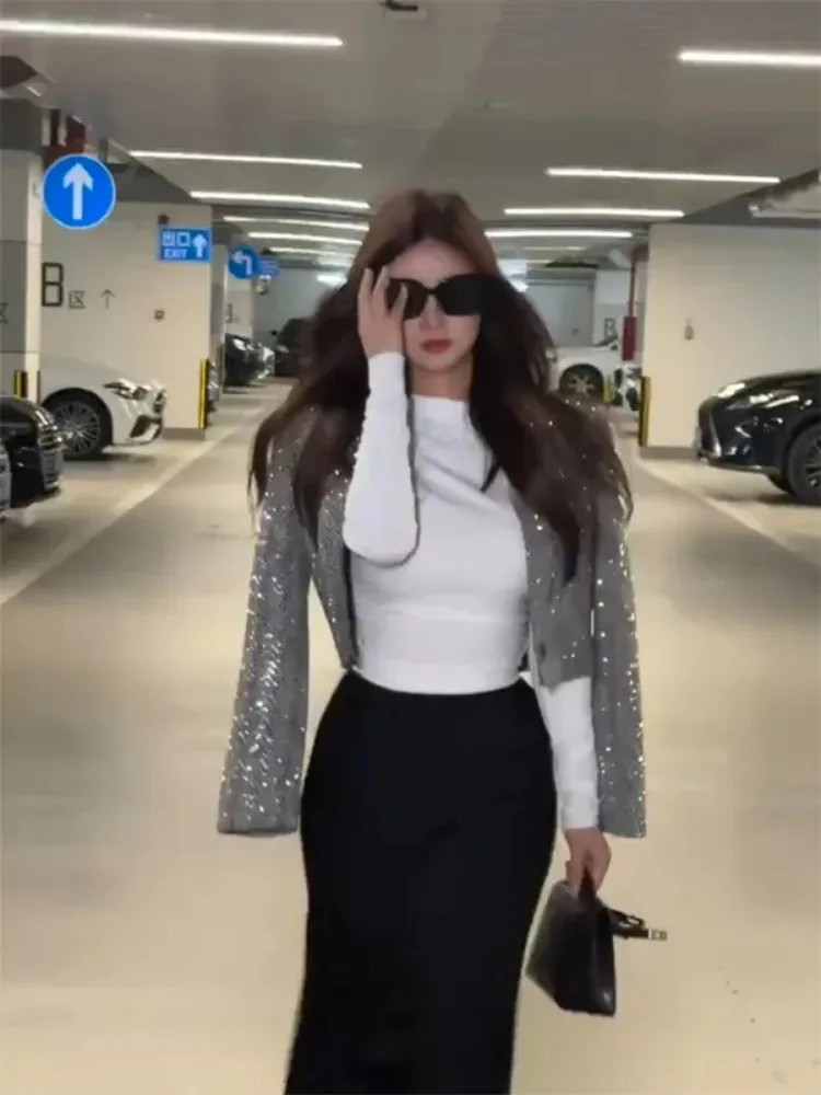 Suit Cardigan Jacket Skirt Two-piece Set Women Suit Y2k Clothing Long Sleeve Crop Tops Mini Dresses Streetwear Korean Chic New