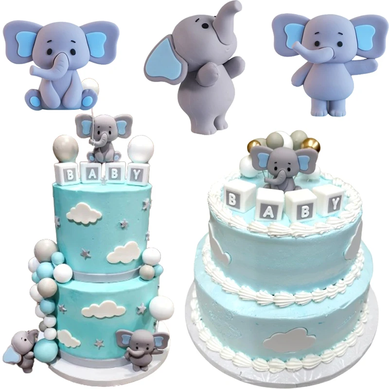 Blue Baby Elephant Cake Topper Kid's First Birthday Cake Decor Baby Shower Elephant Doll Cake Decoration Gender Reveal Supplies