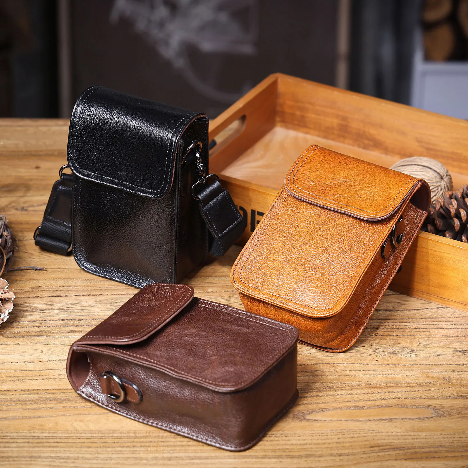 Echte Leder-Umhängetasche für Herren, Crossbody-Taschen, einfache Rindsleder-Gürteltasche, hochwertiges, pflanzlich gegerbtes Leder, modisch und lässig – Detail 8