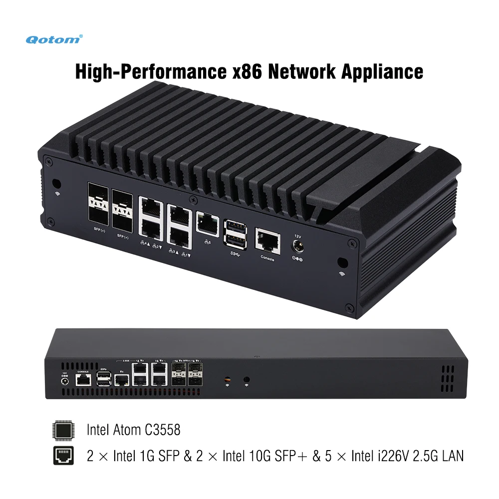 Mini PC Q20322G9 CPU Atom C3558, 2x 1G SFP/ 2x 10G SFP+/ 5x 2.5G LAN, 2x DDR4 RAM, 2x NVMe, Mini Case/ 1U Rack, PfSense Router
