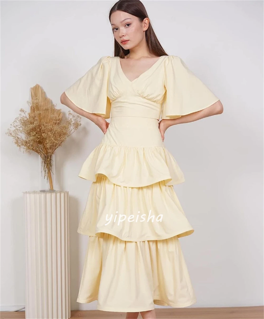 Customized Classic Jersey Tiered Ruffle Pleat Ruched A-line V-neck Midi Dresses Homecoming Dresses Exquisite Simple Elegant Matc