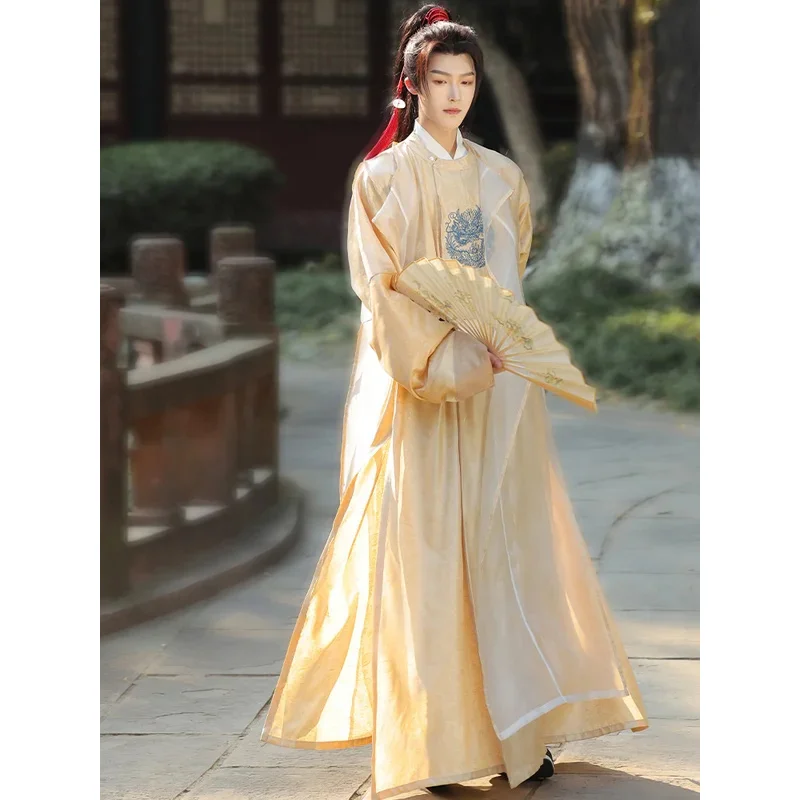 

DY20Ancient Chinese Hanfu Costume Mens Top Skirt Belt Set Samurai Costume Robe Hanfu Martial Arts Dragon Printing Flying Fish Su