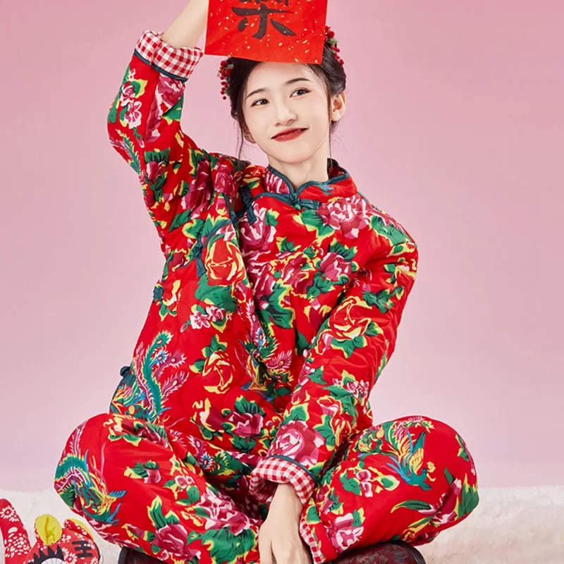 Traditional Ethnic Style Clothes Northeast Floral Dance Costume Chinese New Year Winter Print Cotton Jacket Pants Two Piece Set