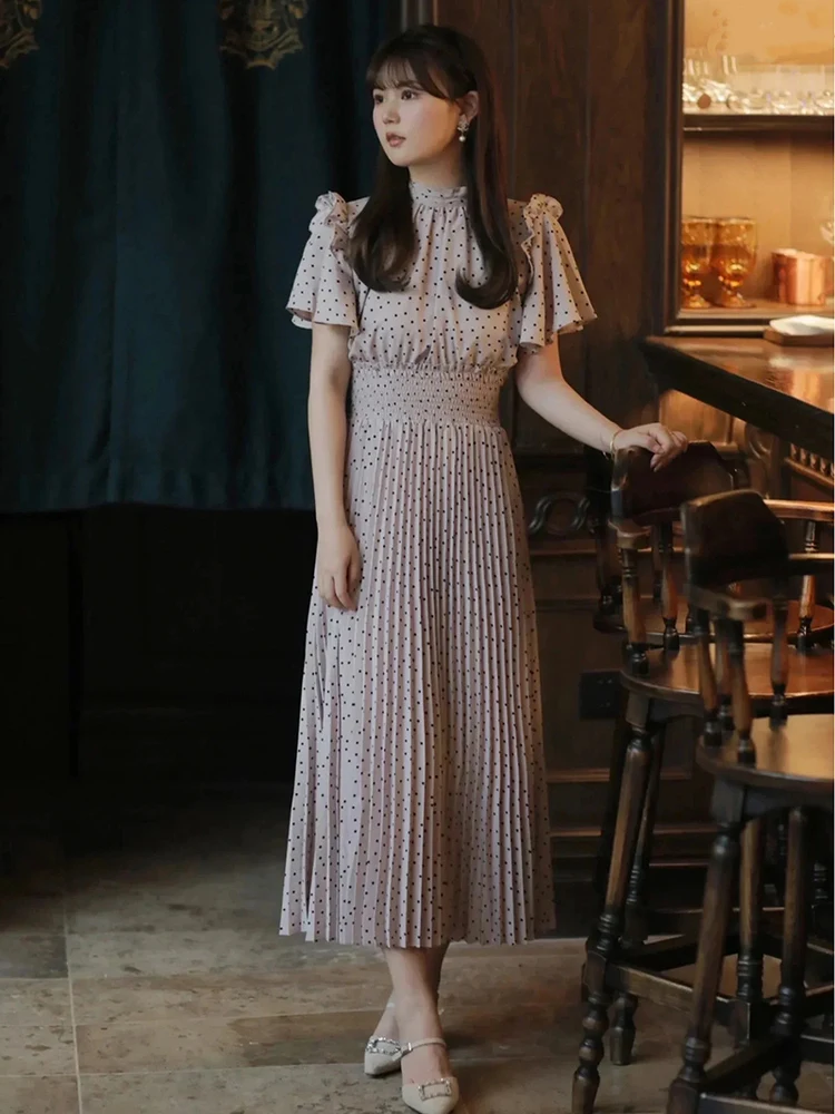 

Винтажное платье трапециевидной формы с высокой талией и принтом в горошек из смеси хлопка и полиэстера, новое поступление, летнее женское платье