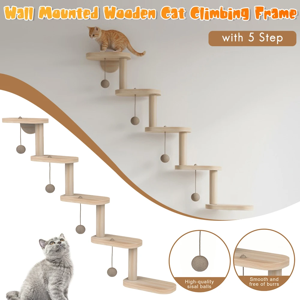 

Настенная деревянная лестница-когтеточка для кошек с 5 ступеньками, полки для сна и игр