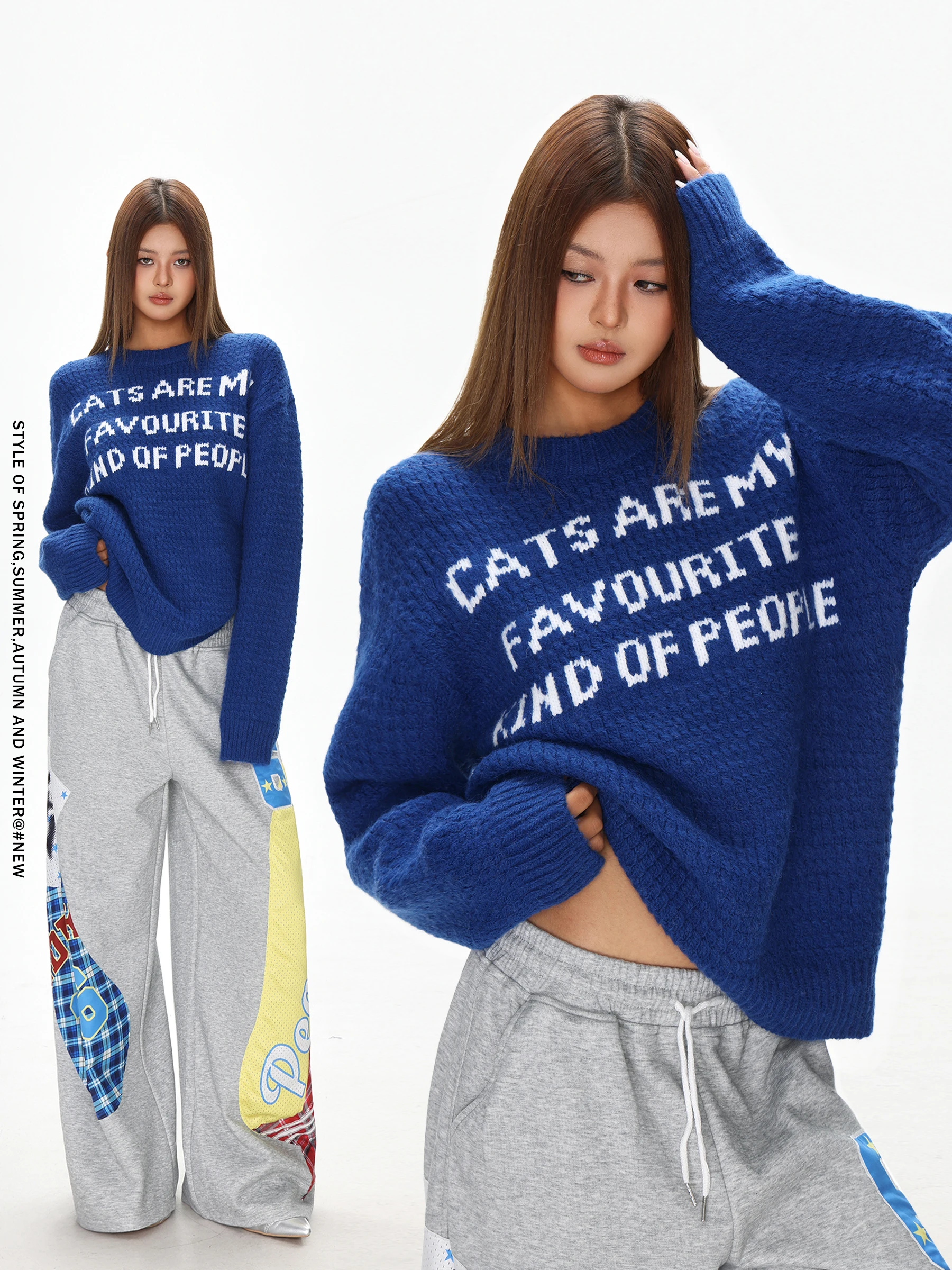 

Синий повседневный свободный женский вязаный свитер: теплый термобазовый слой для зимы, американский дизайн, стильный и модный, для расслабленного образа