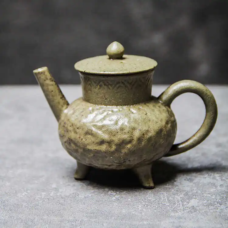 Handmade Wood Fired Teapot, Three Legged Coarse Pottery, Falg Gray Ceramic, Kung Fu Tea Set, Gilded Chinese Style