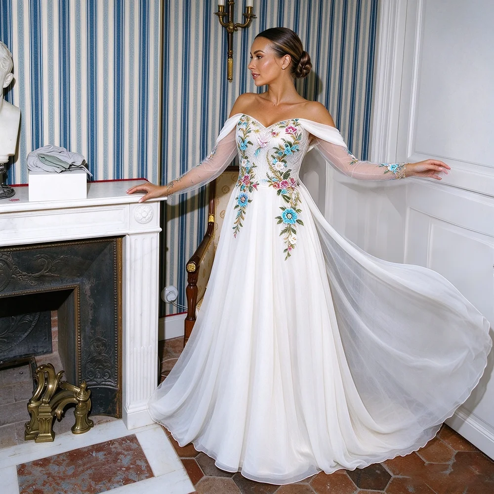 Off Shoulder Colorful Long Sleeves Bridal Gowns Customized A Line Sweetheart Embroiderey Fantasy Fairytale Blue Wedding Dress
