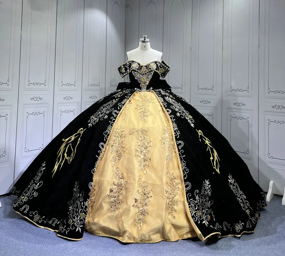 

Mumuleo Vestidos 15 Anos Suzhou Factory Direct Vestido De 15 Anos Черно-золотые платья Quinceanera с вышивкой