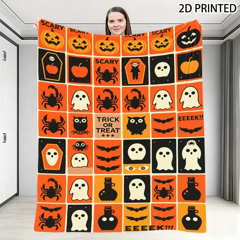 Retro Halloween Spooky Pattern Throw Blanket, Playful Vintage Pumpkin Spider Bat Print, Festive Fall Decor Cover with Multiple S