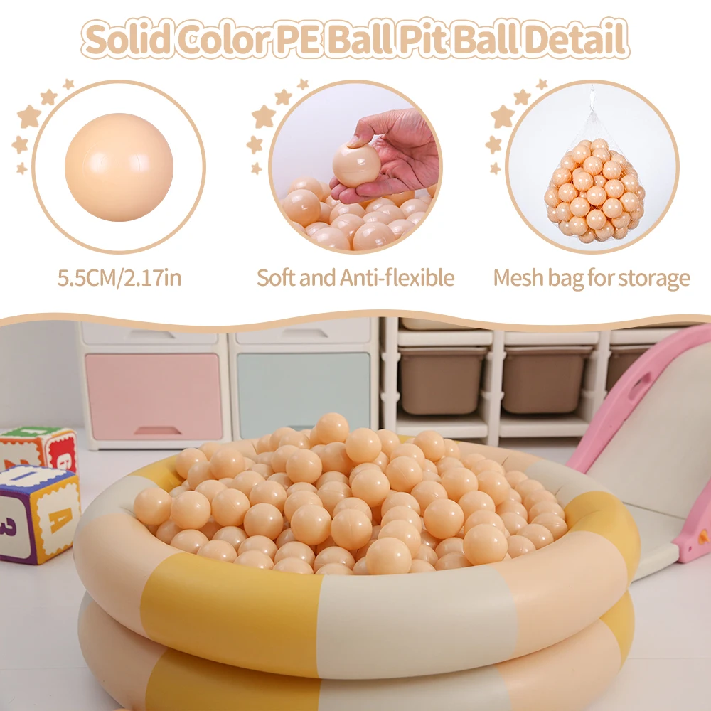 100 peças 2.16 polegadas engrossar bolas de plástico cor sólida para crianças centro de atividades brinquedos de casa de brincar com saco de malha