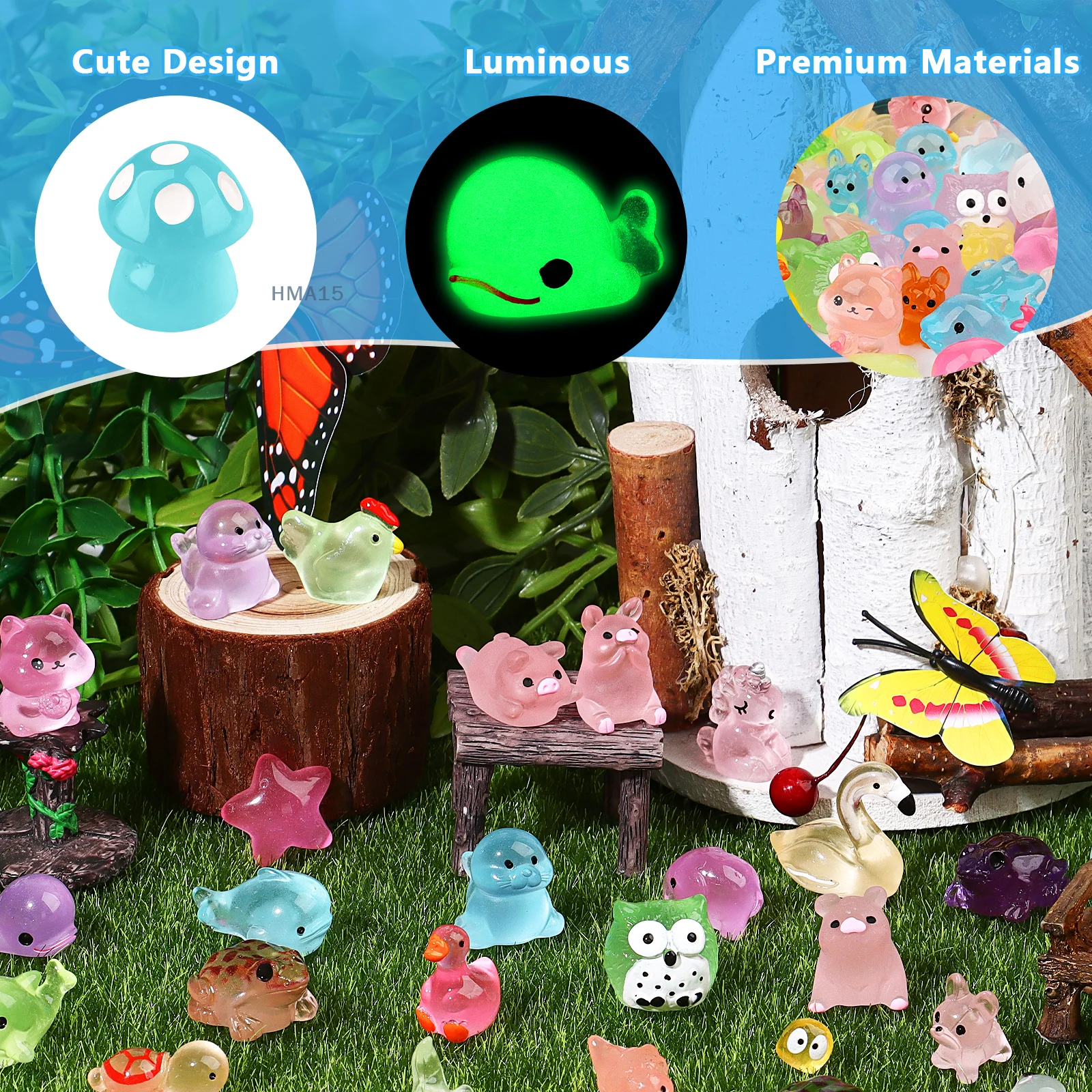 144 Pcs Mini Luminous Resin Animals Tiny Glow In The Dark Ocean Animal Duck Dolphin Duck Turtle Mushroom Frog Miniature Figures
