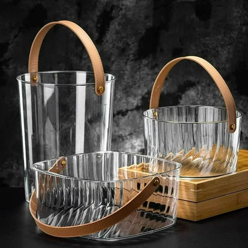 Portable Beer Ice Buckets Acrylic Champagne Bucket Fruit Storage Bucket Leather Portable Large Capacity Ice Buckets Bar Tools