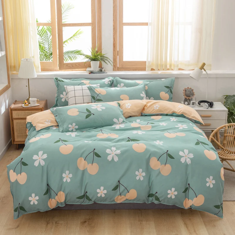 Botanical Floral Duvet Cover Kawaii Cherry Bedding Set Soft Reversible Flower Quilt Cover with Pillowcase Microfiber Flat Sheet