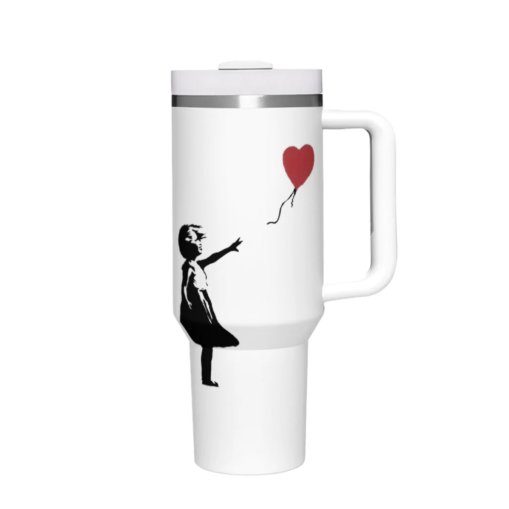 Girl With Balloon Banksy 40oz 1200ML High Quality Insulated Tumbler with Handle Straw Thermal Iced Travel Cup Coffee Cup