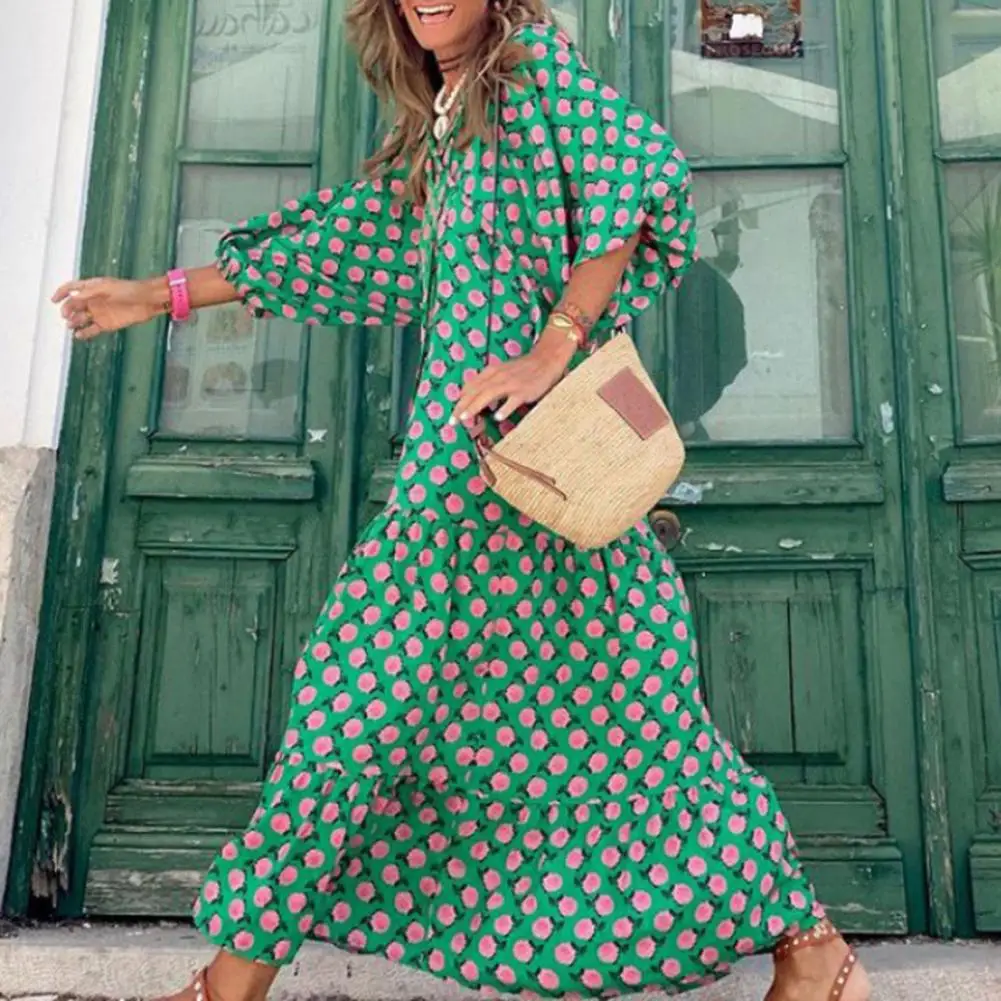 Abito lungo da donna con scollo a v 3/4 maniche a sbuffo abito lungo da spiaggia con stampa floreale della boemia con orlo a flusso allentato