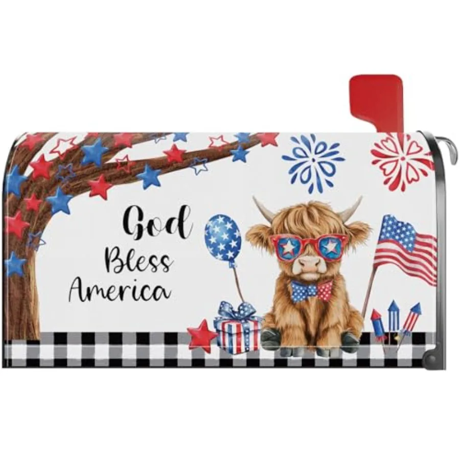 

God Bless America 4th of July Highland Cow Mailbox Cover Magnetic Standard Size 21x18 Inch Post Letter Box Wrap Independence Da