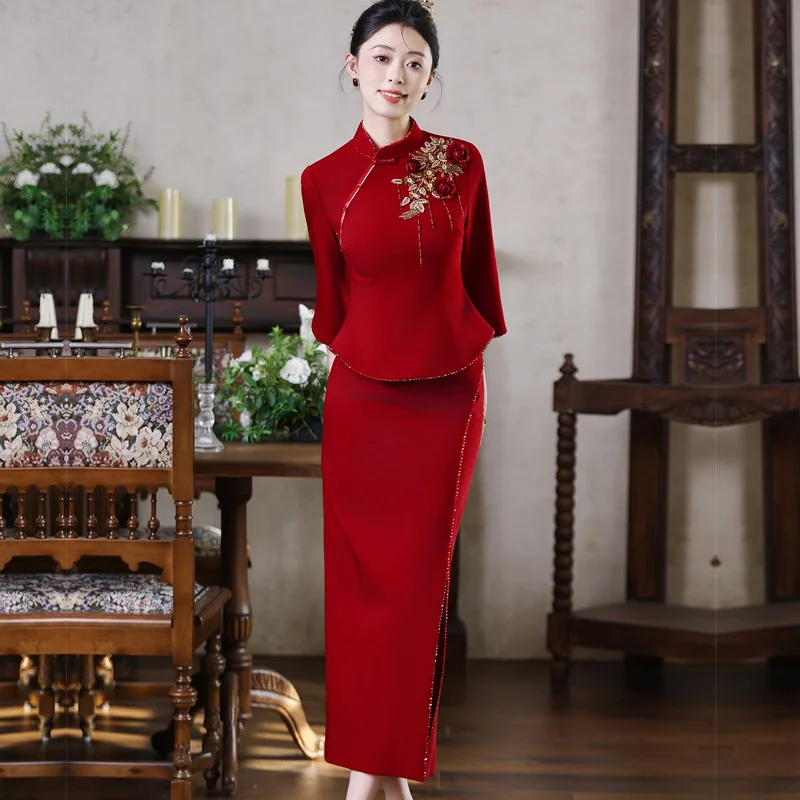 2026 Spring/Summer Satin Embroidered Long Cheongsam Slimming Chinese Style Daily Slimming Improved Dress Qipao