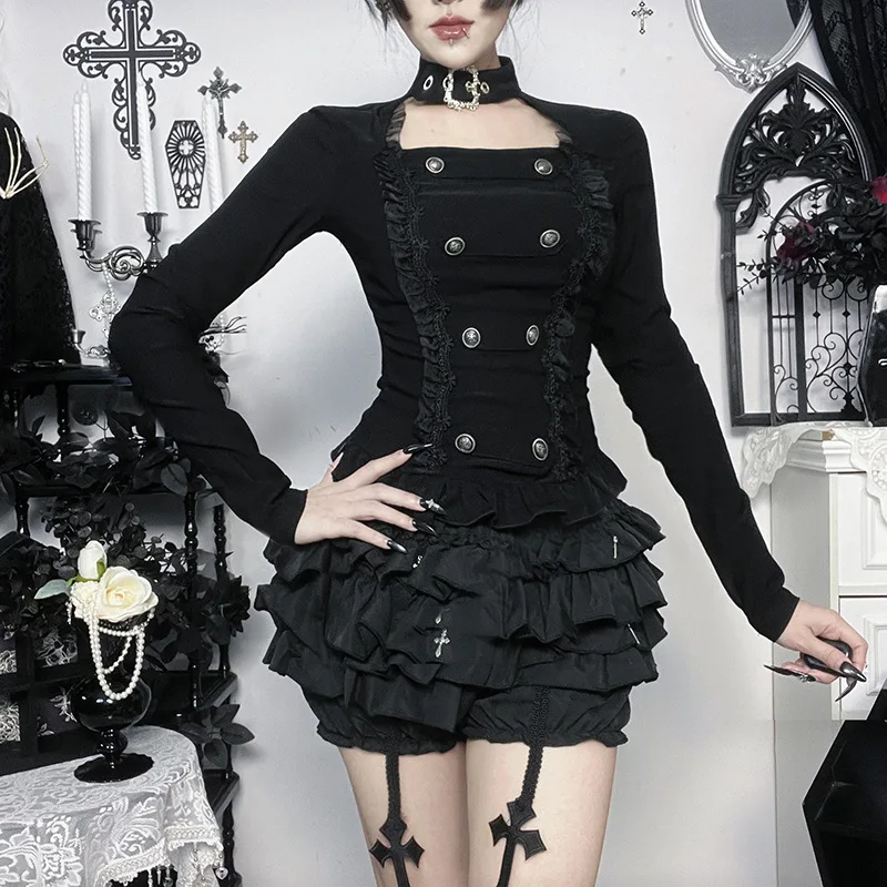 Goth Punk Slim Long Sleeve Top Subculture Lolita Mesh Trim Buckle Tops Mall Y2K 90s Pullover Alt T-shirts Halloween Vintage Tee