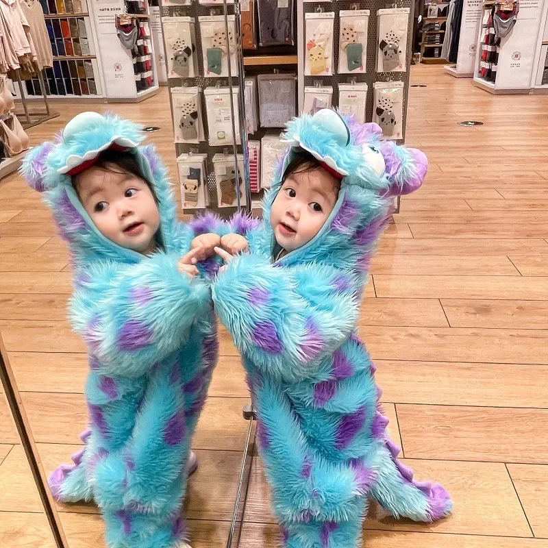 Lindo disfraz de monstruo Sully para niños, traje divertido de Halloween para bebé, niño y niña, ropa de Cosplay de invierno, pelele suave y cálido, traje azul