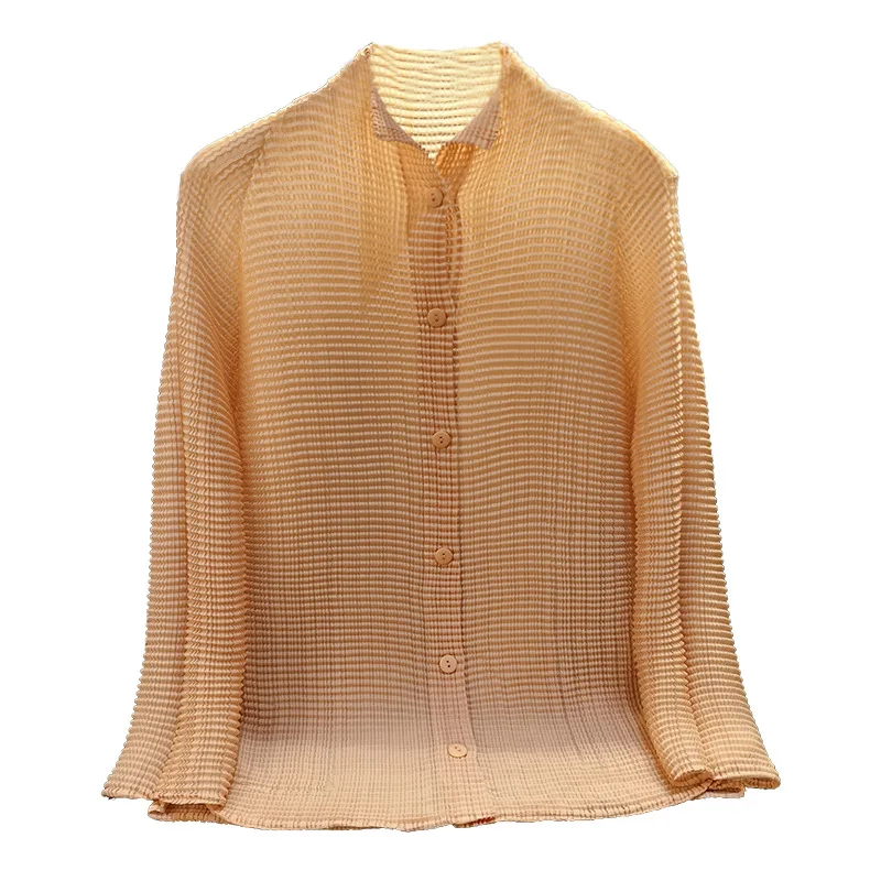Miyake Folds New 2025 Japanese Corn Grain Shirt Female Fashion Thin Single-breasted Long-sleeved Cardigan with Sun Shirt