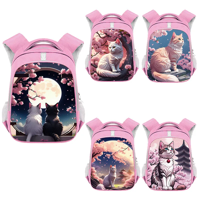 Cute Japan Cherry Blossom Cat Print Girls Backpack Cartoon Animal Children School Bags Bookbag Women Laptop Bag Kids Gift