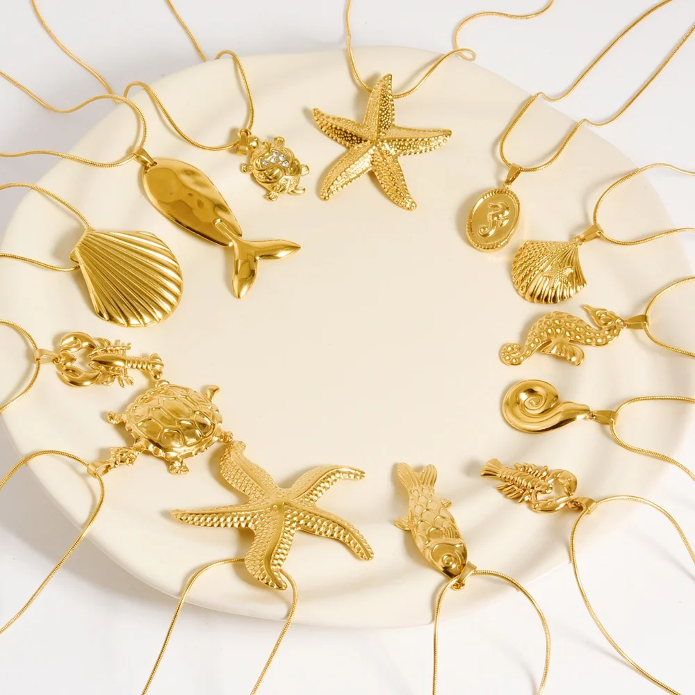 Lote de 1 dorado, collar de acero inoxidable con forma de animal marino, langosta, cangrejo, estrella de mar, Collares de concha, abalorio de playa, accesorios Largos